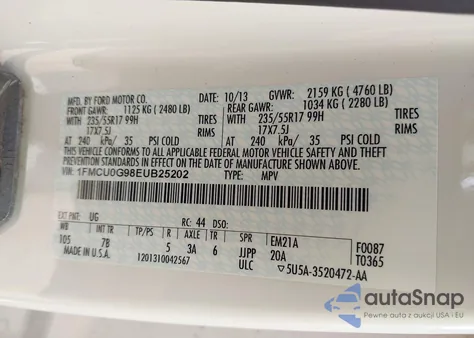 2014 Ford Escape Se z USA, uszkodzony, nr VIN 1FMCU0G98EUB25202